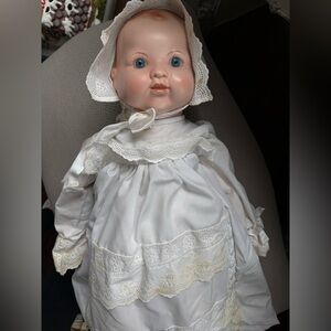 Alresford Baby Doll in White Christening Gown Bonnet Porcelain Soft Body 24”
